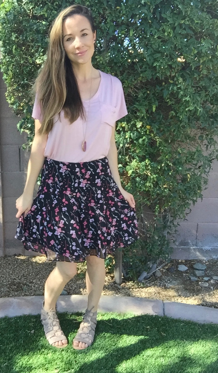 pink pocket tee + floral skirt